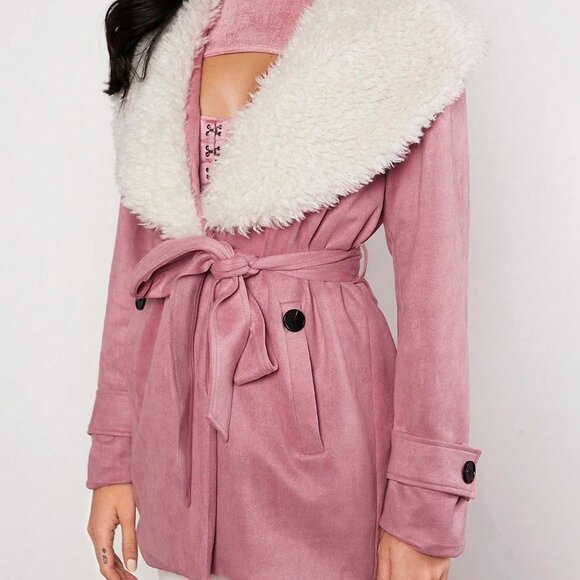 Casual Faux fur Borg Collar Belted Coat Pink - Picture 7 of 7